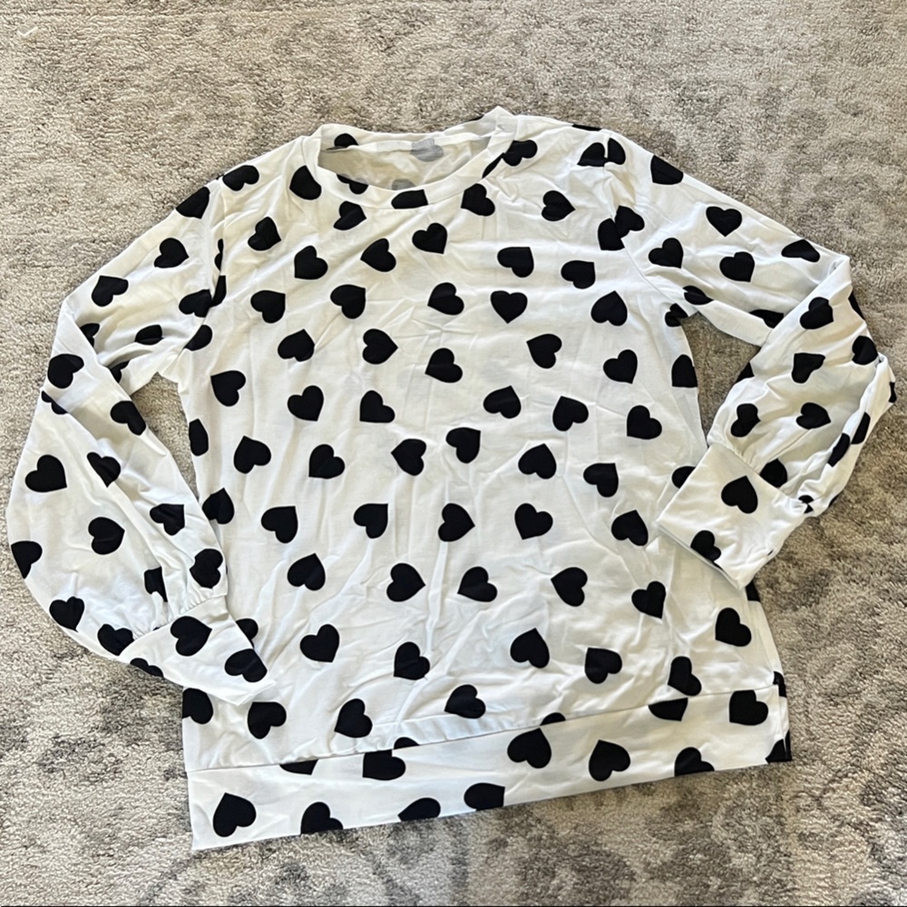 Valentines White Long Sleeve Top with Black Heart Pattern